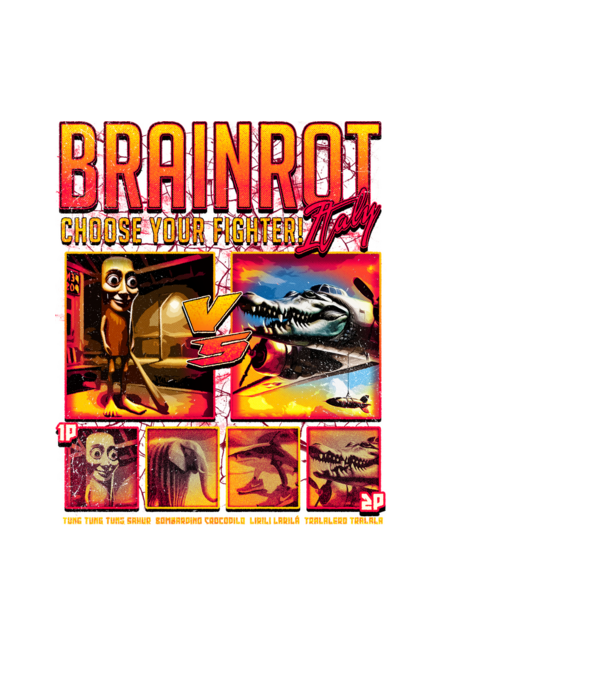 Brainrot Italy Choose your fighter minta fekete pólón
