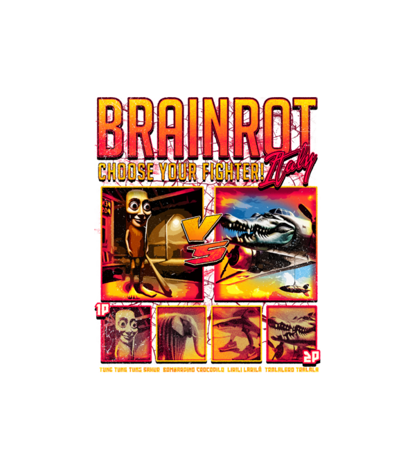 Brainrot Italy Choose your fighter minta fekete pólón