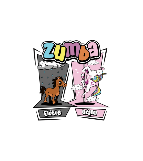 Unikornis Zumba előtte utána minta fehér pólón