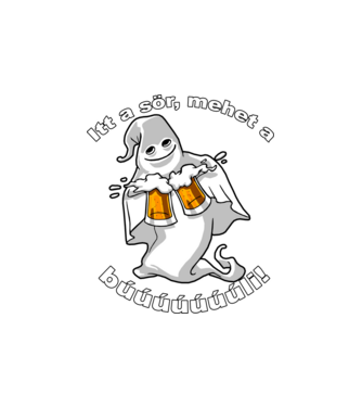Szellem 2 korsó sörrel - ˝Itt a sör, mehet a búúúli˝ - fehér minta homokszín pólón