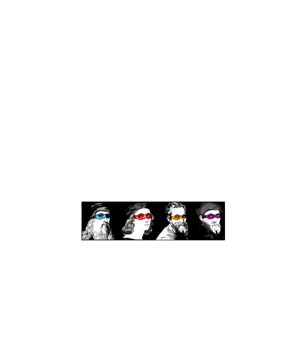Leonardo, Raffaello, Michelangelo, Donatello minta fehér pólón