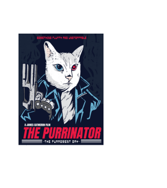 The Purrinator Cica minta világoskék pólón