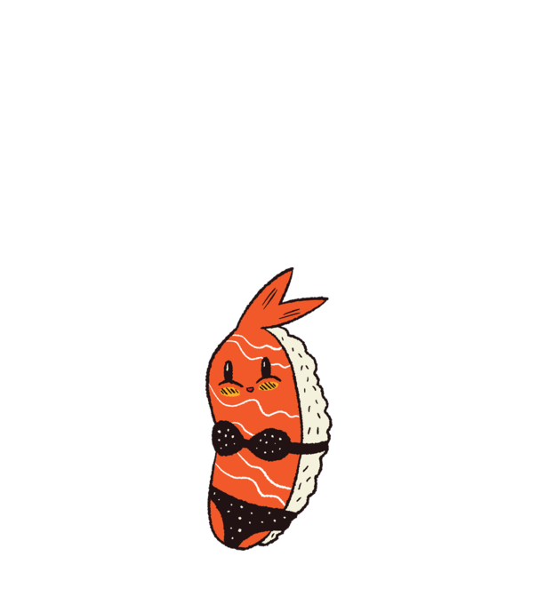 Sushi Bikiniben minta fehér pólón
