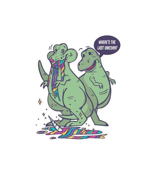 T-rex megette az Unikornist minta fehér pólón