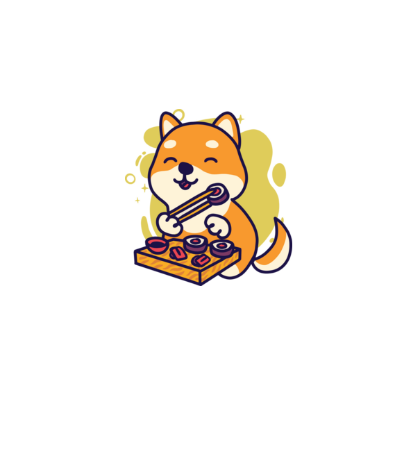 Shiba inu Sushival minta világos rózsaszín pólón