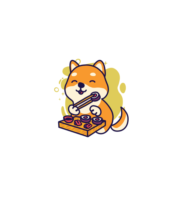 Shiba inu Sushival minta fehér pólón