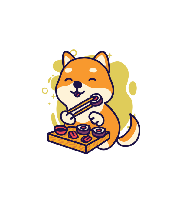 Shiba inu Sushival minta fehér pólón