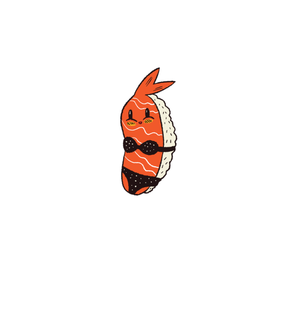 Sushi Bikiniben minta fehér pólón