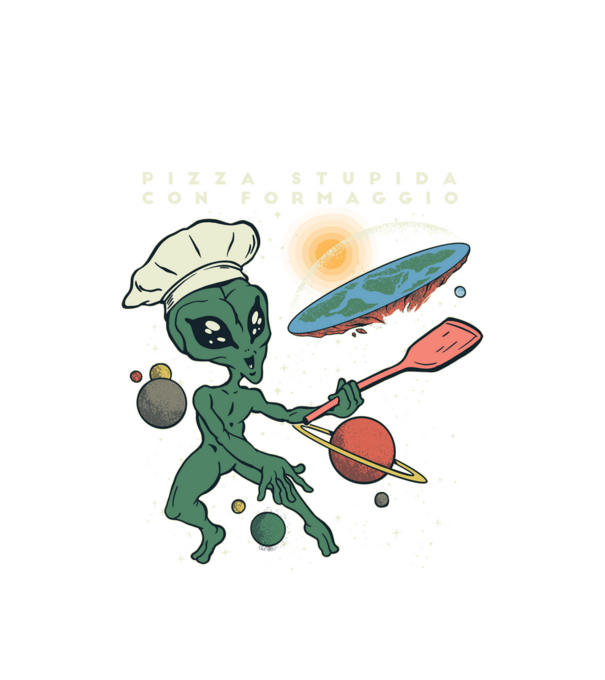 Ufó laposföld pizzával minta fehér pólón