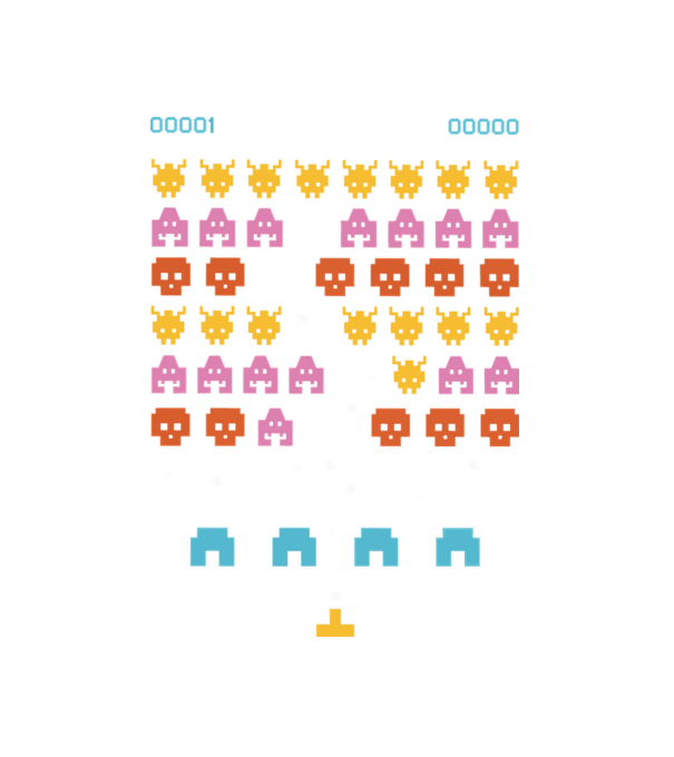 Retro space video game minta fehér pólón
