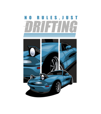 Mazda MX-5 Miata - ˝No Rules, Just Drifting˝ (Nincsenek szabályok, csak driftelés) minta fekete pólón