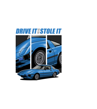 Mazda RX-7 - ˝Drive it like you stole it˝ - (Vezesd úgy, mintha loptad volna) minta sötétkék pólón