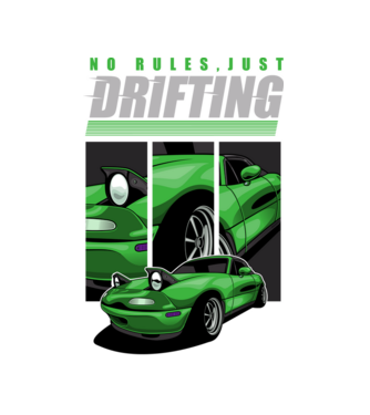 Mazda MX-5 Miata - ˝No Rules, Just Drifting˝ (Nincsenek szabályok, csak driftelés) minta fekete pólón