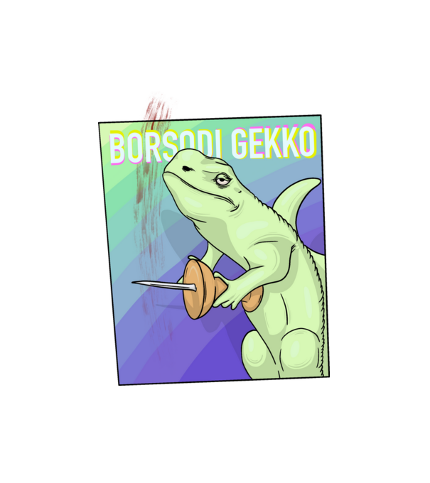 Borsodi gekko minta fehér pólón