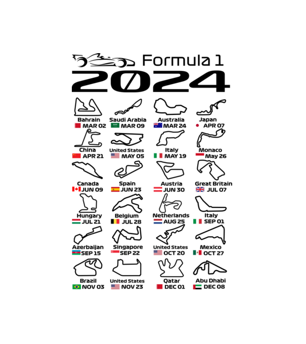 Formula 1 versenynaptár 2024 minta fehér pólón