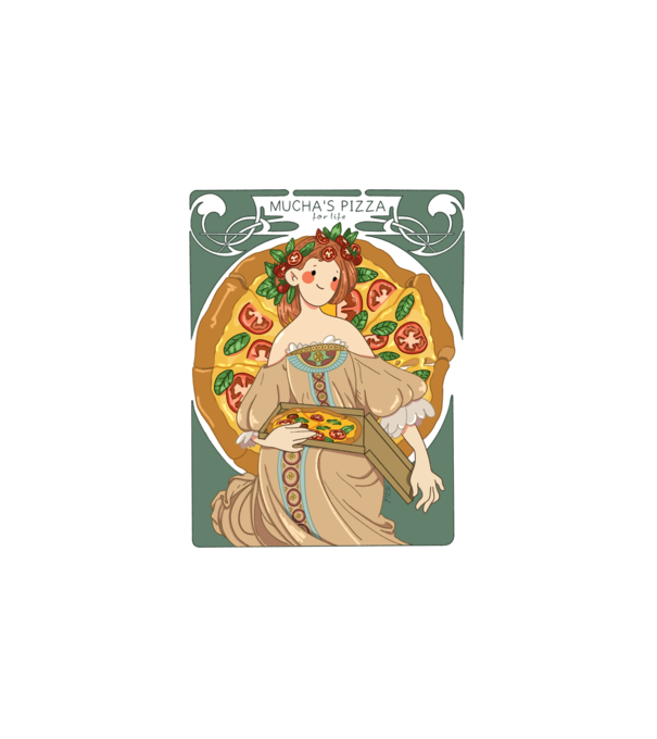 Mucha's pizza minta fehér pólón