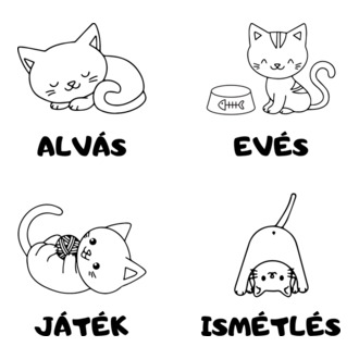 Cicaélet: alvás, evés, játék, ismétlés póló minta