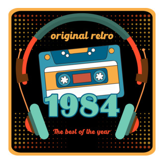 original retro audió kazetta, füles, régi magnókazetta évszámmal. 1984 póló minta