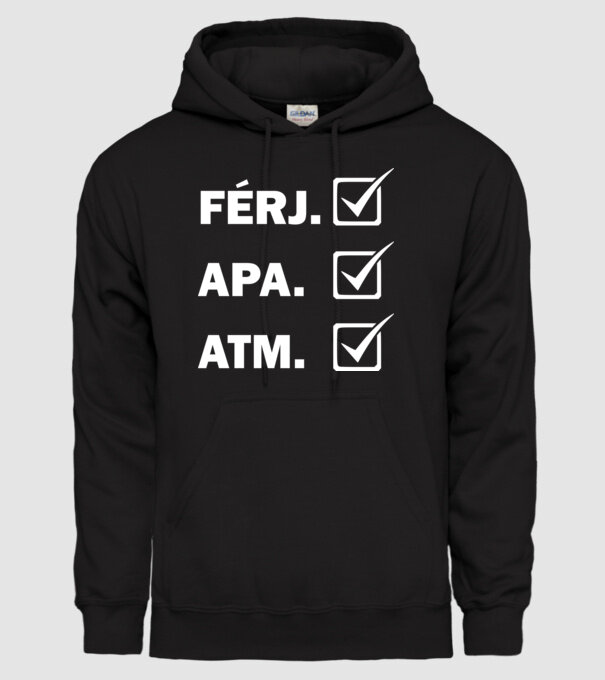 apa férj atm fehér minta fekete pólón