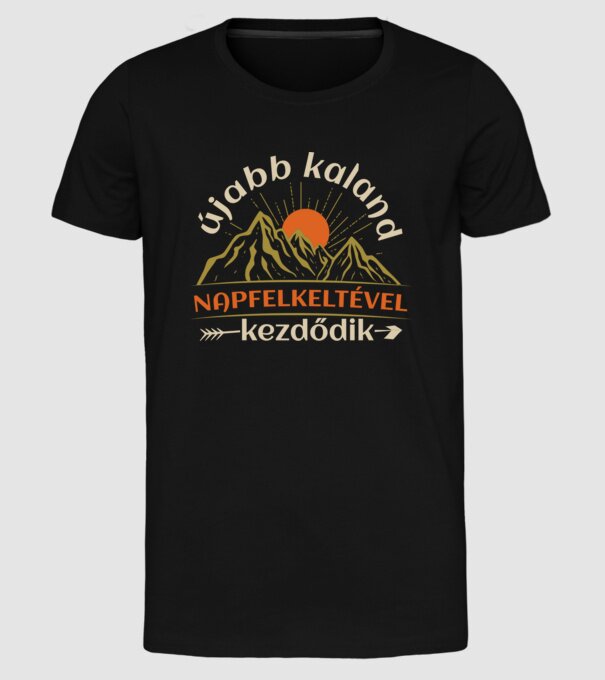 Újabb kaland napfelkeltével kezdődik minta fekete pólón