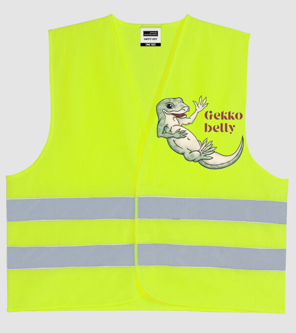 gekkó pocak minta neonsárga pólón