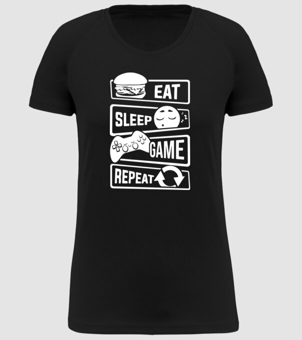 Eat sleep game repeat minta fekete pólón