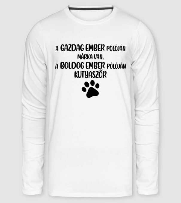 A boldog ember pólóján kutyaszőr. minta fehér pólón