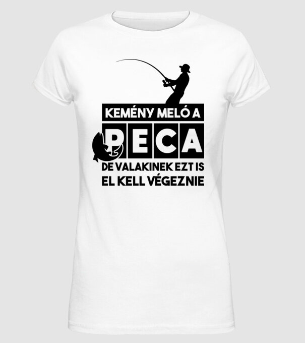 Kemény meló a peca minta fehér pólón