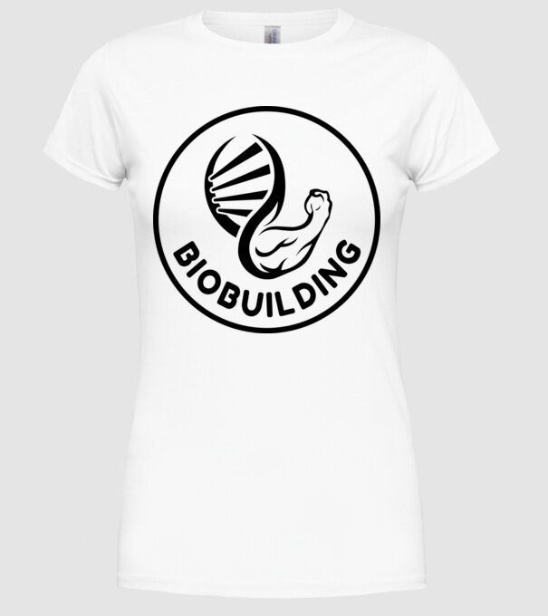 Biobuilding 2023 - black nagy teljes minta fehér pólón