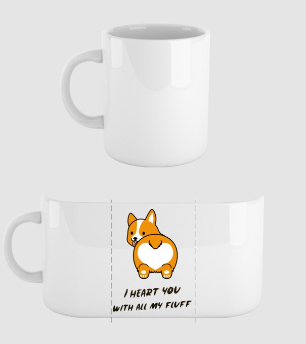 I heart u with all my fluff- Szeretlek minden szőrömmel-angol feliratos szÍv formájú corgi fenék minta fehér pólón