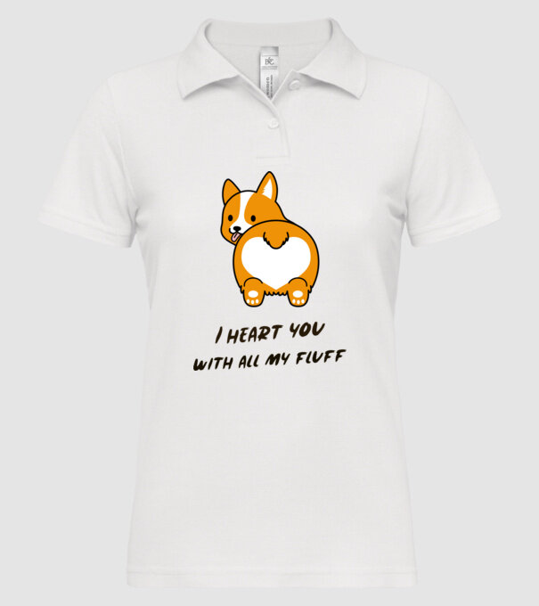I heart u with all my fluff- Szeretlek minden szőrömmel-angol feliratos szÍv formájú corgi fenék minta fehér pólón