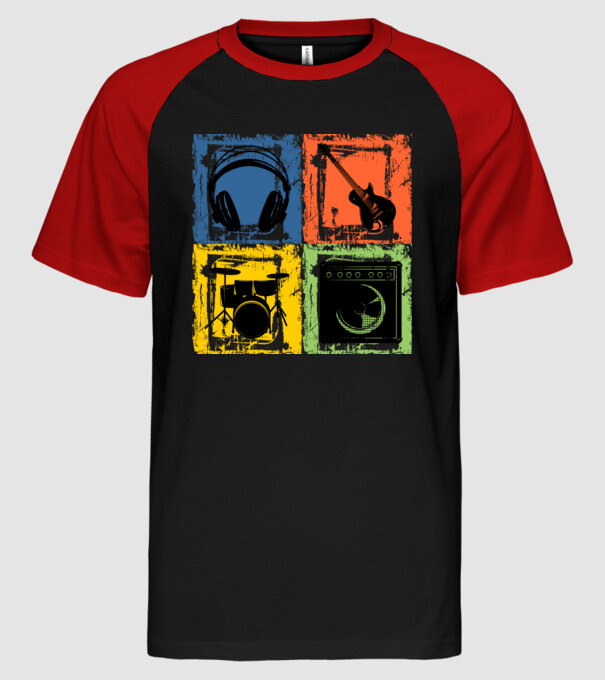 grunge stílusú zene, hangszerek, gitár, dob, ,füles, hangfal,rock&roll minta fekete/piros pólón