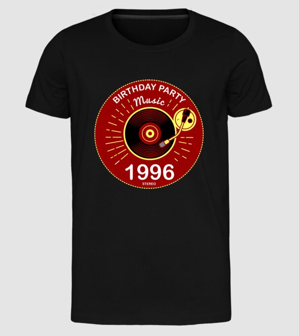 BIRTHDAY PARTY MUSIC, BAKELIT LEMEZJÁTSZÓ 1996 STEREO minta fekete pólón