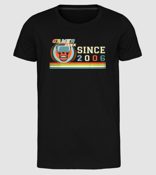 gamer geek since 2006, kocka, játékos, születésnap minta fekete pólón