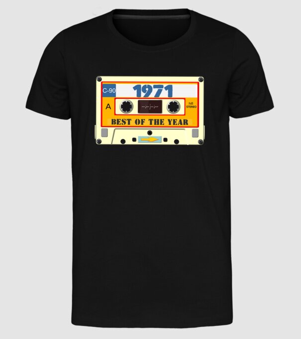 retro születésnapi audio kazetta, magnókazetta, best of the year 1971 minta fekete pólón