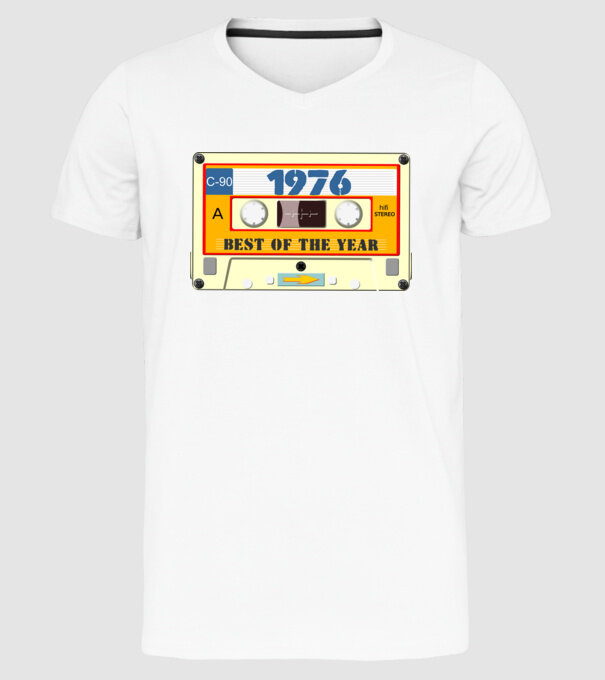 retro születésnapi audio kazetta, magnókazetta, best of the year 1976 minta fehér pólón