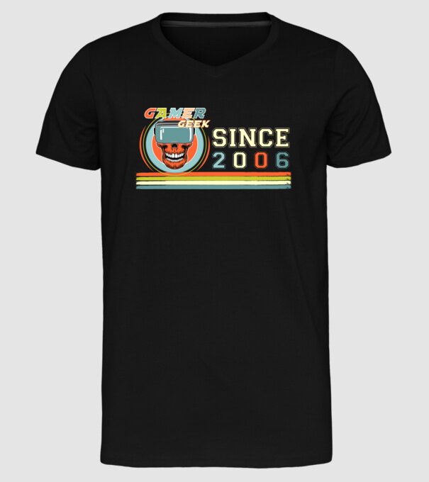 gamer geek since 2006, kocka, játékos, születésnap minta fekete pólón