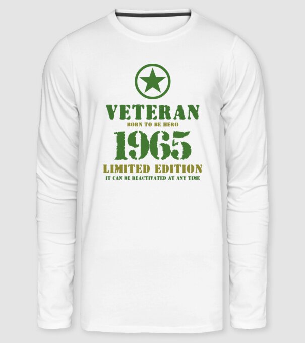 VETERAN, BORN TO BE HERO, SZÜLETÉSNAPI ÉVSZÁM FELIRATTAL 1965 minta fehér pólón