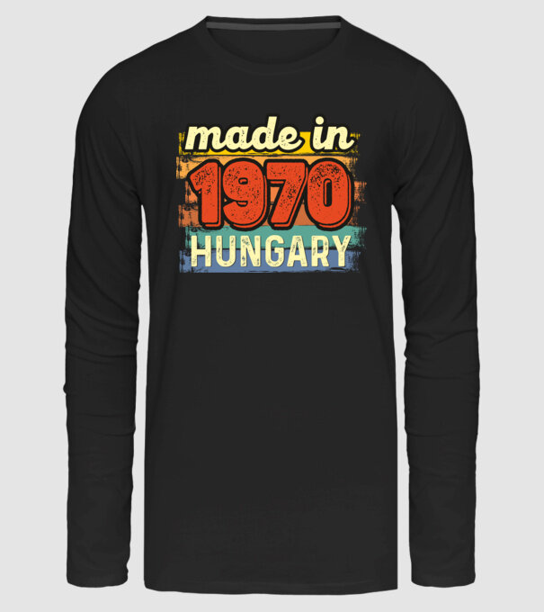 made in hungary felirat, retro évszám, grunge stílus, 1970 minta fekete pólón