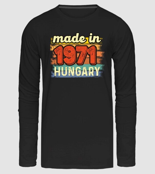 made in hungary felirat, retro évszám, grunge stílus, 1971 minta fekete pólón