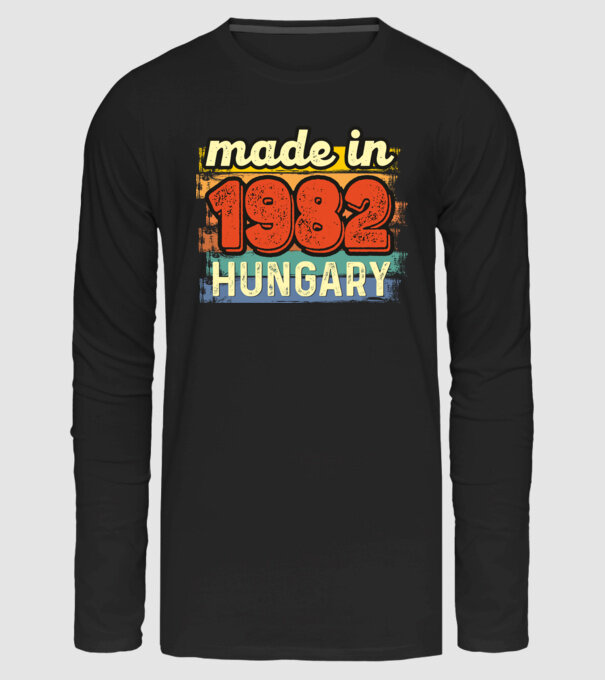 made in hungary felirat, retro évszám, grunge stílus, 1982 minta fekete pólón
