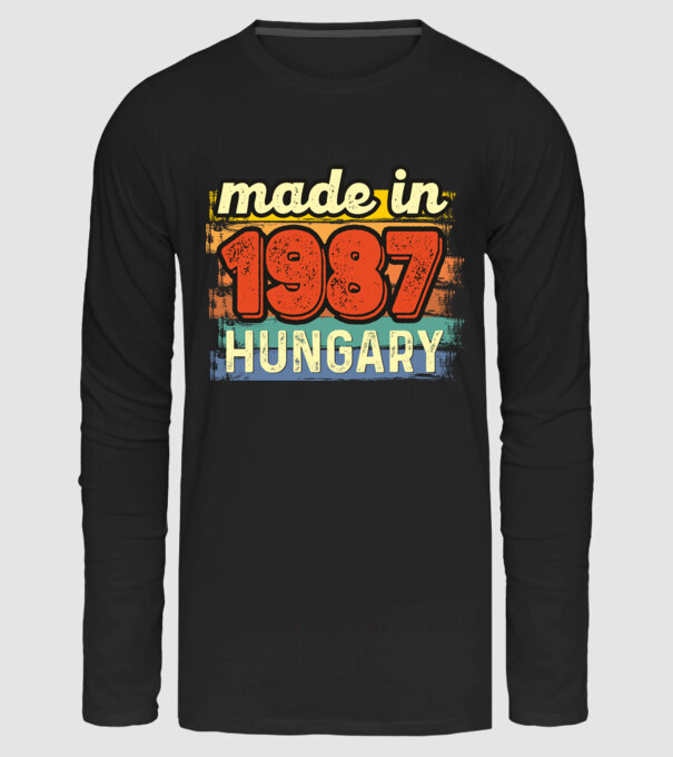 made in hungary felirat, retro évszám, grunge stílus, 1987 minta fekete pólón