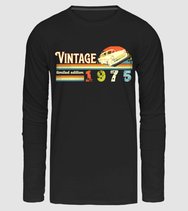 vintage, limited edidtion, retro születésnapi felirat, évszám veterán autóval, 1975 minta fekete pólón