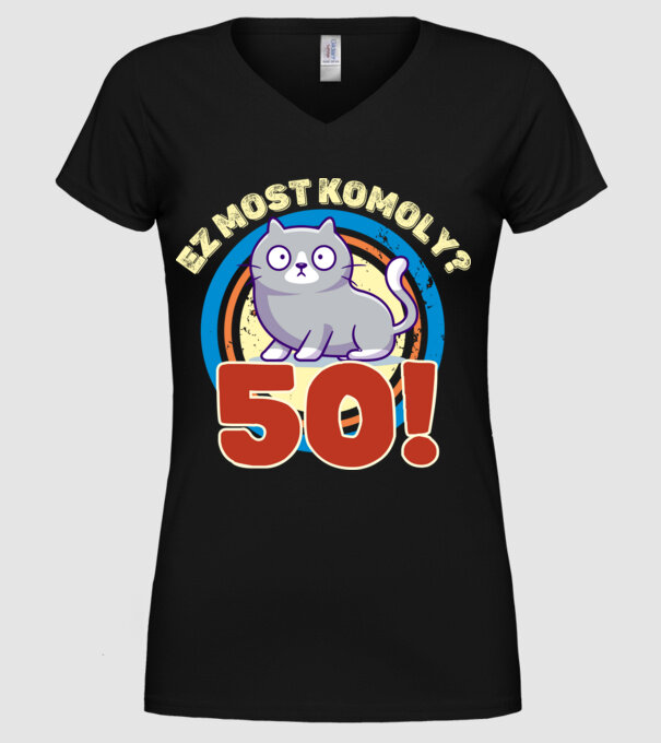 ez most komoly 50éves, csodálkozó macska minta fekete pólón