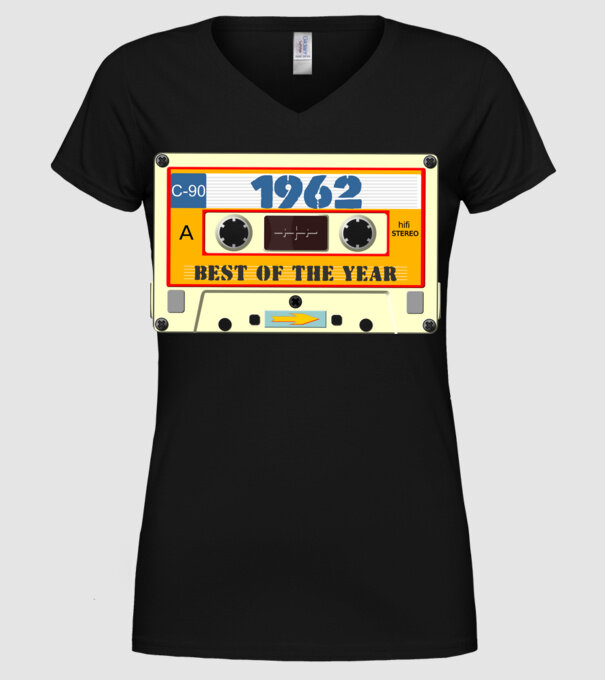 retro születésnapi audio kazetta, magnókazetta, best of the year 1962 minta fekete pólón