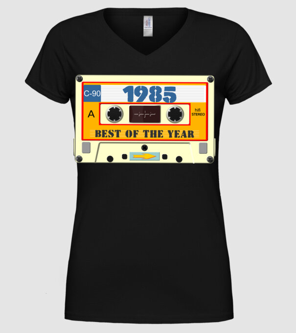 retro születésnapi audio kazetta, magnókazetta, best of the year 1985 minta fekete pólón