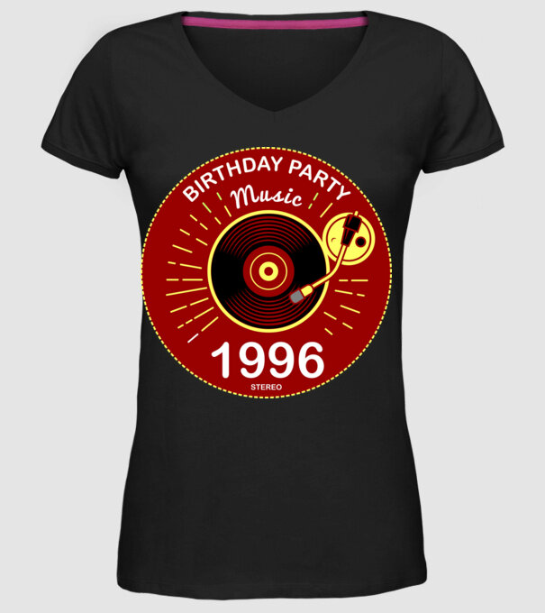BIRTHDAY PARTY MUSIC, BAKELIT LEMEZJÁTSZÓ 1996 STEREO minta fekete pólón