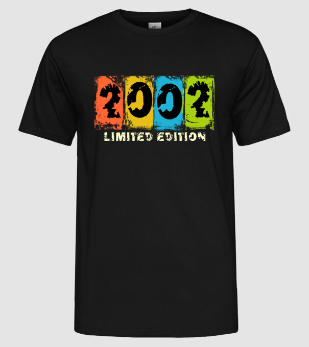 grunge évszám, limited edition felirattal, születésnapi dátum, 2002 minta fekete pólón