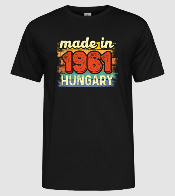 made in hungary felirat, retro évszám, grunge stílus, 1961 minta fekete pólón