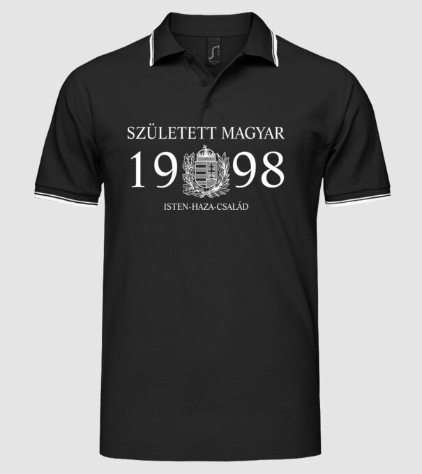 SZÜLETETT MAGYAR, ISTEN HAZA CSALÁD, SZÜLETETT 1998-BAN, MAGYAR CÍMER minta fekete pólón